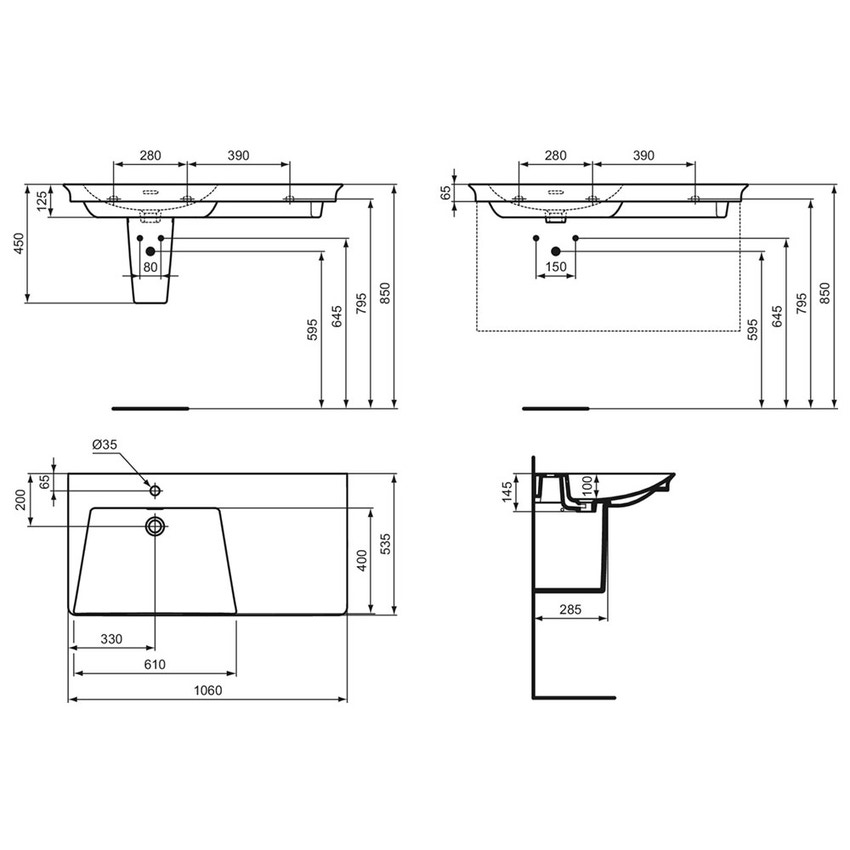 Immagine di Ideal Standard LA DOLCE VITA lavabo top asimmetrico L.106 cm, con foro della rubinetteria a sinistra, con troppopieno, colore bianco finitura lucido E264601