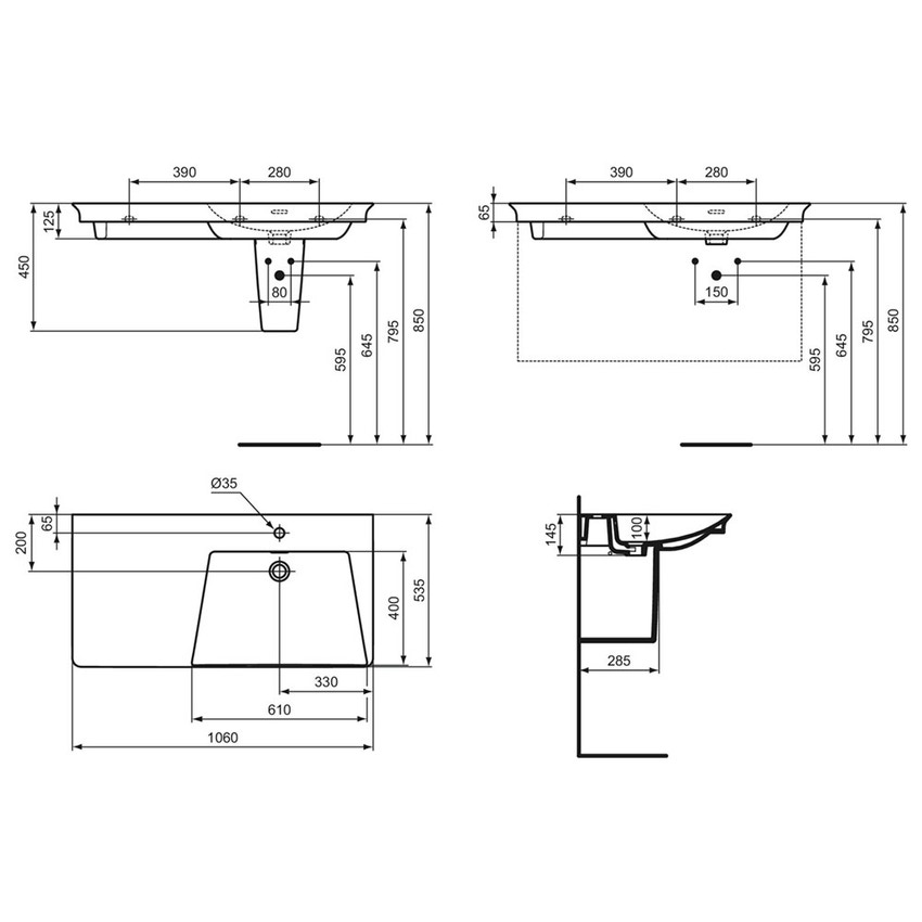 Immagine di Ideal Standard LA DOLCE VITA lavabo top asimmetrico L.106 cm, con foro della rubinetteria a destra, con troppopieno, colore bianco finitura lucido E264701