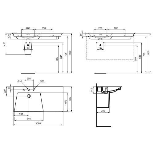 Immagine di Ideal Standard LA DOLCE VITA lavabo top asimmetrico L.106 cm, con 3 fori della rubinetteria a sinistra, con troppopieno, colore bianco finitura lucido E267801