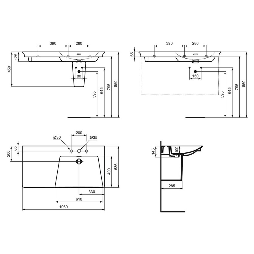 Immagine di Ideal Standard LA DOLCE VITA lavabo top asimmetrico L.106 cm, con 3 fori della rubinetteria a destra, con troppopieno, colore bianco finitura lucido E267901