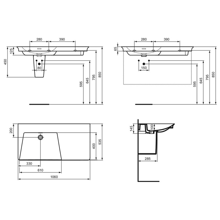 Immagine di Ideal Standard LA DOLCE VITA lavabo top asimmetrico L.106 cm, senza foro della rubinetteria, versione sinistra, con troppopieno, colore bianco finitura lucido E270301