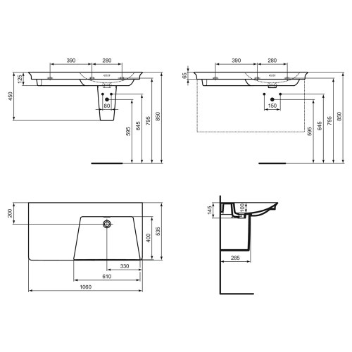 Immagine di Ideal Standard LA DOLCE VITA lavabo top asimmetrico L.106 cm, senza foro della rubinetteria, versione destra, con troppopieno, colore bianco finitura lucido E270401