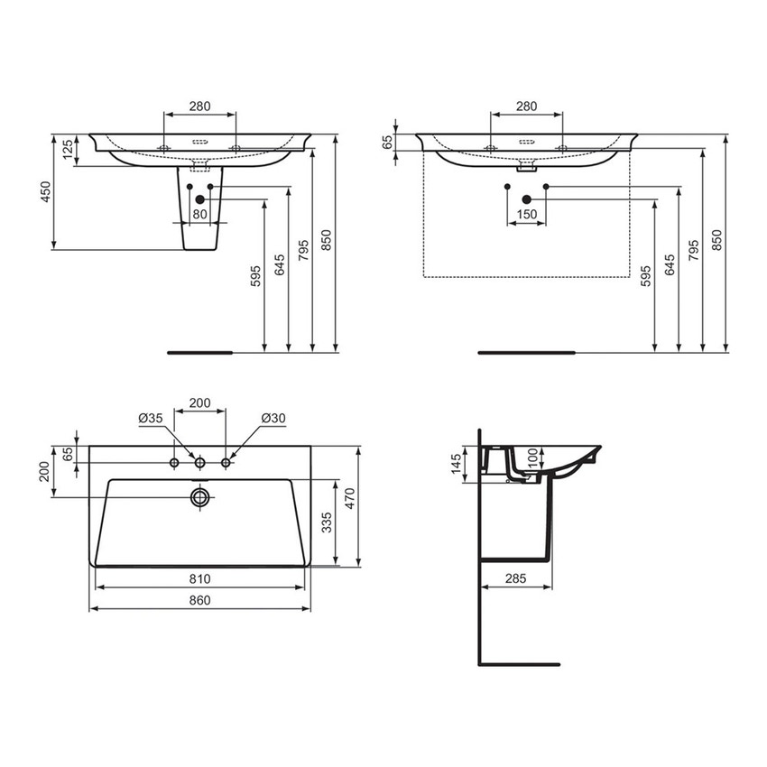 Immagine di Ideal Standard LA DOLCE VITA lavabo top L.86 cm, con 3 fori della rubinetteria, con troppopieno, colore bianco finitura lucido E267601