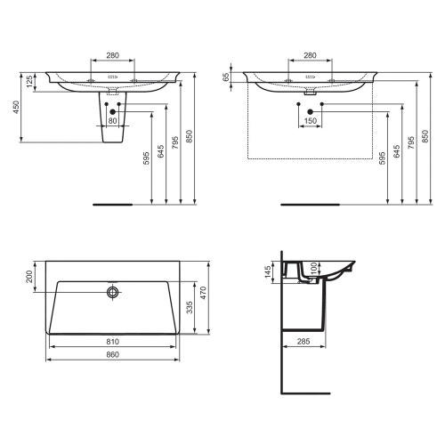 Immagine di Ideal Standard LA DOLCE VITA lavabo top L.86 cm, senza foro della rubinetteria, con troppopieno, colore bianco finitura lucido E270101