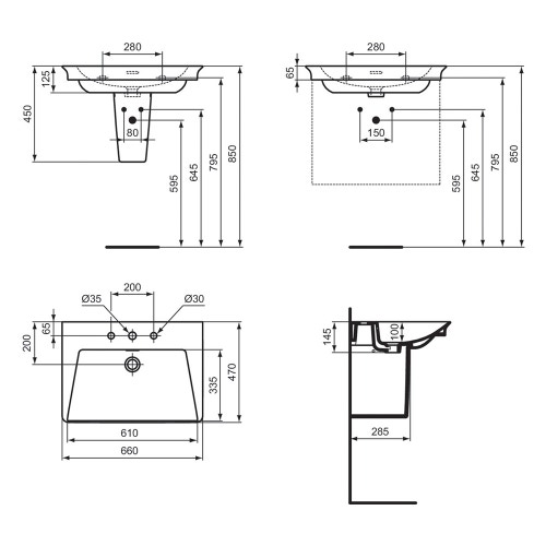 Immagine di Ideal Standard LA DOLCE VITA lavabo top L.66 cm, con 3 fori della rubinetteria, con troppopieno, colore bianco finitura lucido E267501