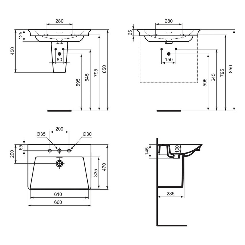 Immagine di Ideal Standard LA DOLCE VITA lavabo top L.66 cm, con 3 fori della rubinetteria, con troppopieno, colore bianco finitura lucido E267501