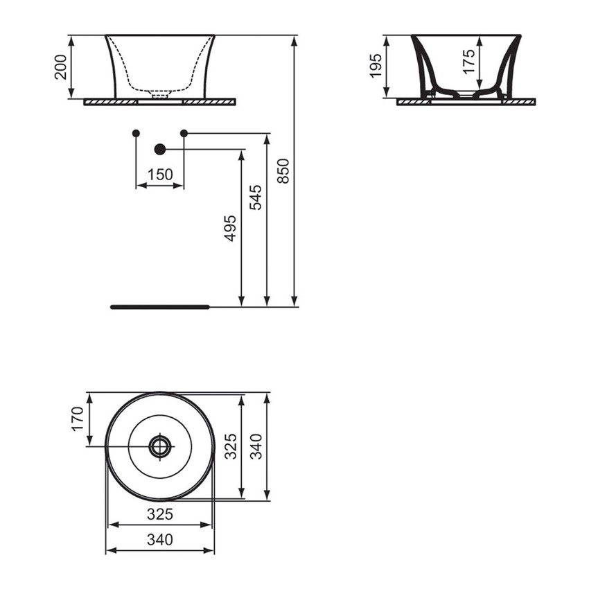 Immagine di Ideal Standard LA DOLCE VITA lavabo da appoggio su piano Ø 34 cm, senza foro della rubinetteria e senza troppopieno, colore bianco finitura lucido E271701