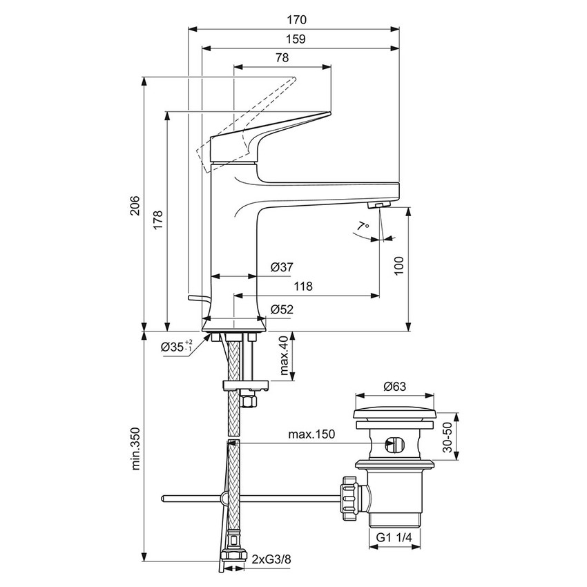 Immagine di Ideal Standard LA DOLCE VITA miscelatore monocomando per lavabo H.18 cm, con asta di comando e scarico piletta da 1-1/4", finitura cromo BD653AA