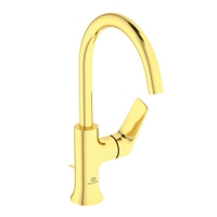 Immagine di Ideal Standard LA DOLCE VITA miscelatore monocomando con bocca alta per lavabo, con asta di comando e scarico piletta da 1-1/4", finitura brushed gold BD657A2