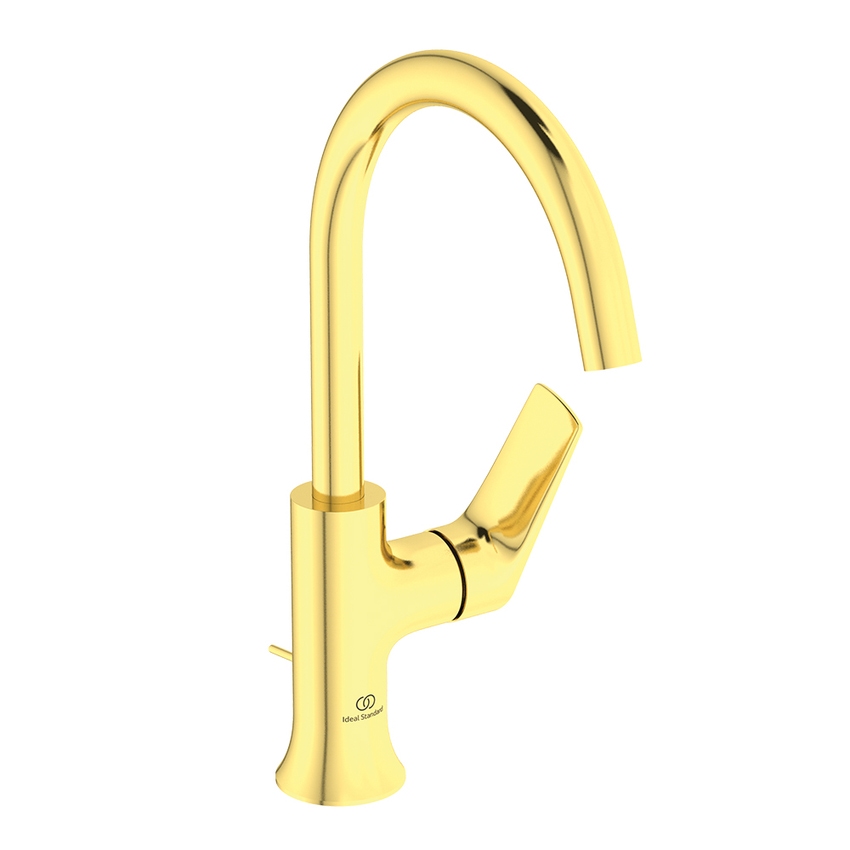 Immagine di Ideal Standard LA DOLCE VITA miscelatore monocomando con bocca alta per lavabo, con asta di comando e scarico piletta da 1-1/4", finitura brushed gold BD657A2