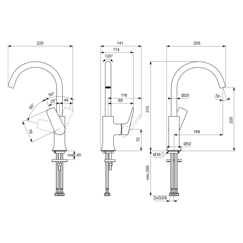 Immagine di Ideal Standard LA DOLCE VITA miscelatore monocomando con bocca alta per lavabo, senza asta di comando e scarico piletta da 1-1/4", finitura silver storm BD658GN
