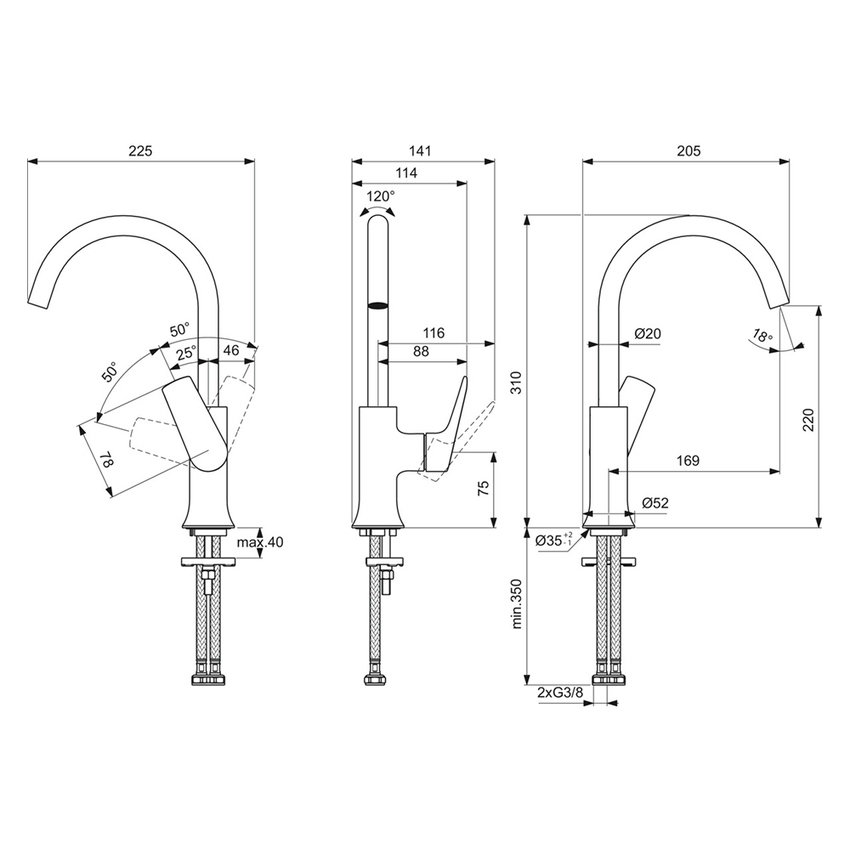 Immagine di Ideal Standard LA DOLCE VITA miscelatore monocomando con bocca alta per lavabo, senza asta di comando e scarico piletta da 1-1/4", finitura silver storm BD658GN