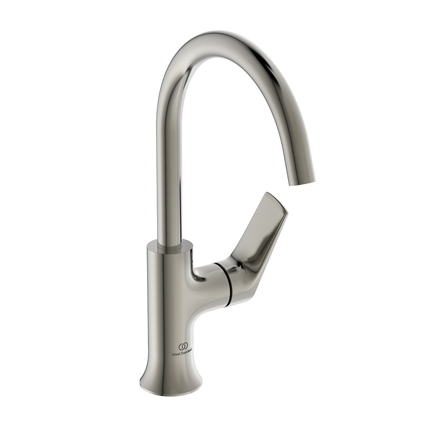 Immagine di Ideal Standard LA DOLCE VITA miscelatore monocomando con bocca alta per lavabo, senza asta di comando e scarico piletta da 1-1/4", finitura silver storm BD658GN