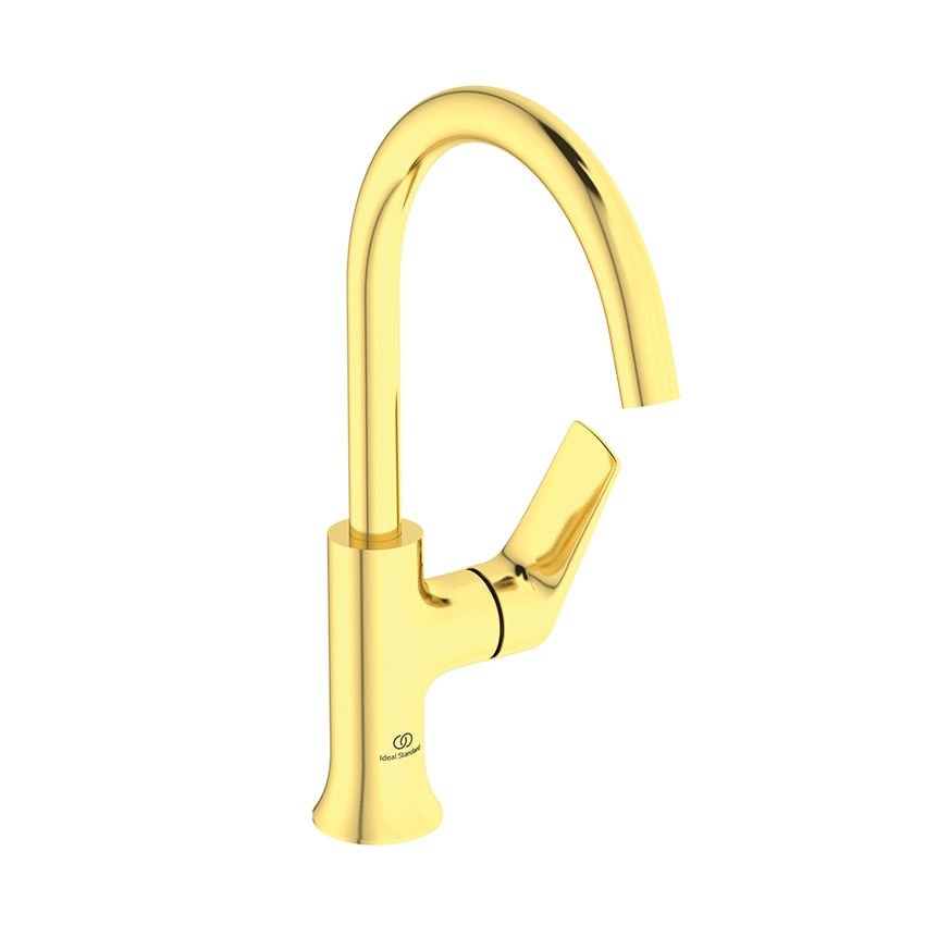 Immagine di Ideal Standard LA DOLCE VITA miscelatore monocomando con bocca alta per lavabo, senza asta di comando e scarico piletta da 1-1/4", finitura brushed gold BD658A2