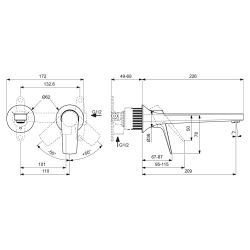Immagine di Ideal Standard LA DOLCE VITA miscelatore monocomando a parete P.23 cm, per lavabo, senza corpo incasso, finitura cromo BD957AA