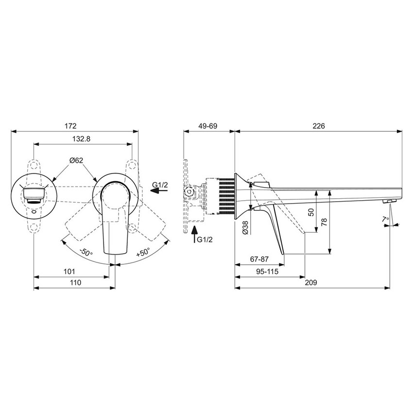 Immagine di Ideal Standard LA DOLCE VITA miscelatore monocomando a parete P.23 cm, per lavabo, senza corpo incasso, finitura cromo BD957AA