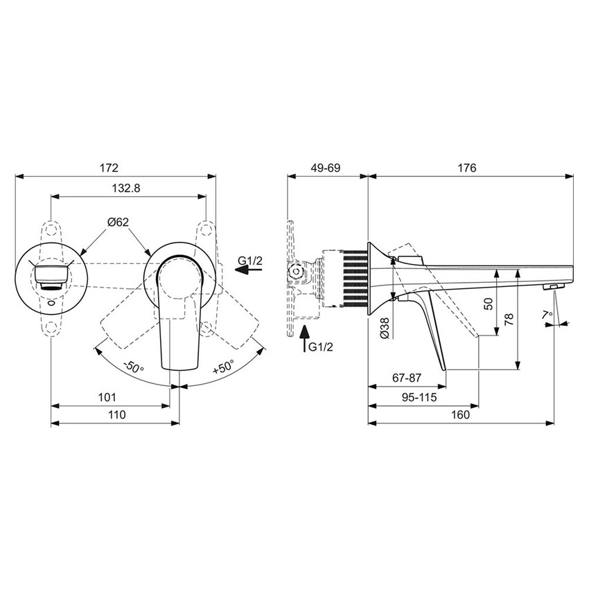 Immagine di Ideal Standard LA DOLCE VITA miscelatore monocomando a parete P.18 cm, per lavabo, senza corpo incasso, finitura brushed gold BD956A2