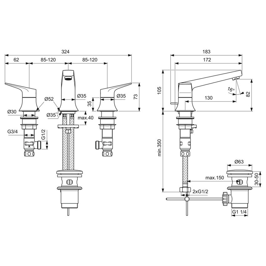 Immagine di Ideal Standard LA DOLCE VITA miscelatore per lavabo con 3 fori, con asta di comando e scarico piletta da 1-1/4", finitura cromo BD661AA