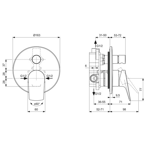 Immagine di Ideal Standard LA DOLCE VITA miscelatore per doccia ad incasso, 2 vie, senza corpo incasso, finitura cromo BD669AA