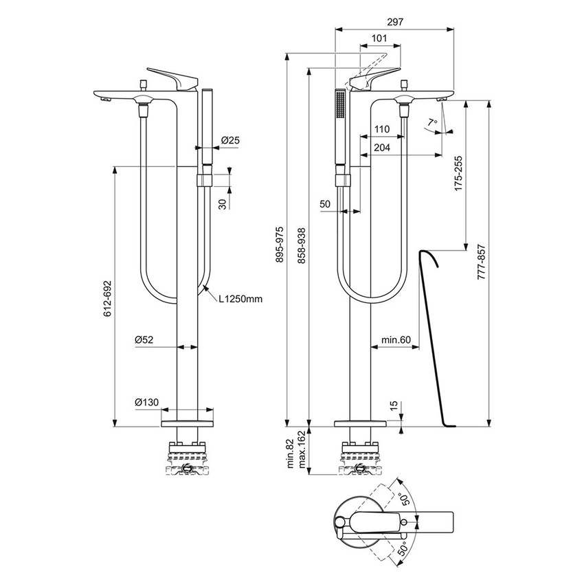 Immagine di Ideal Standard LA DOLCE VITA miscelatore freestanding per vasca, con deviatore, doccetta stick, flessibili 125 cm e supporto doccetta, senza corpo incasso, finitura brushed gold BD673A2