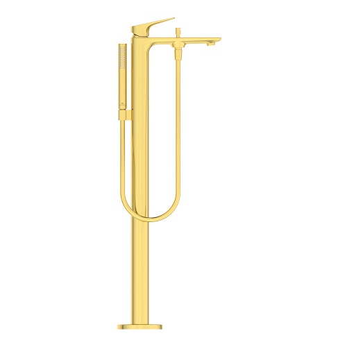 Immagine di Ideal Standard LA DOLCE VITA miscelatore freestanding per vasca, con deviatore, doccetta stick, flessibili 125 cm e supporto doccetta, senza corpo incasso, finitura brushed gold BD673A2
