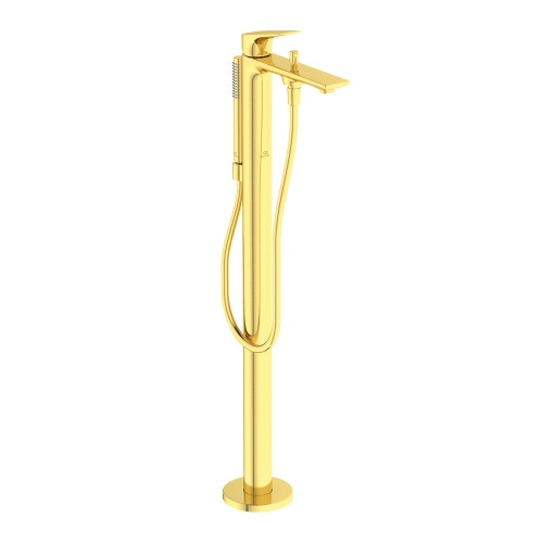 Immagine di Ideal Standard LA DOLCE VITA miscelatore freestanding per vasca, con deviatore, doccetta stick, flessibili 125 cm e supporto doccetta, senza corpo incasso, finitura brushed gold BD673A2