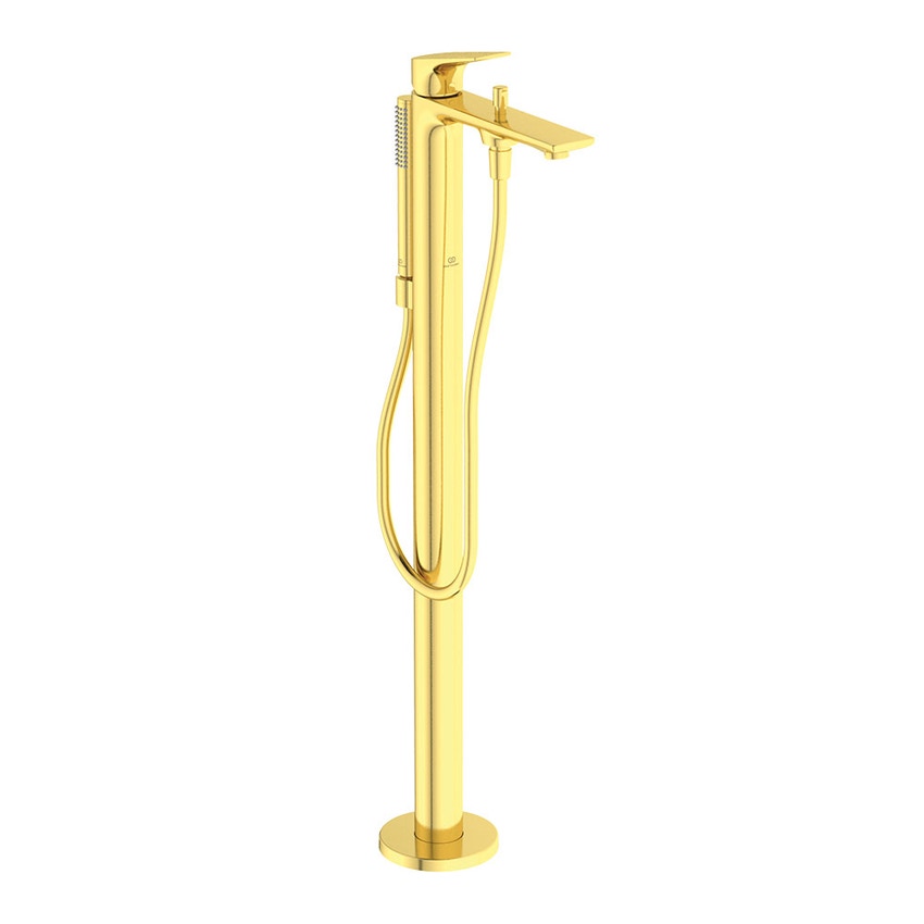 Immagine di Ideal Standard LA DOLCE VITA miscelatore freestanding per vasca, con deviatore, doccetta stick, flessibili 125 cm e supporto doccetta, senza corpo incasso, finitura brushed gold BD673A2