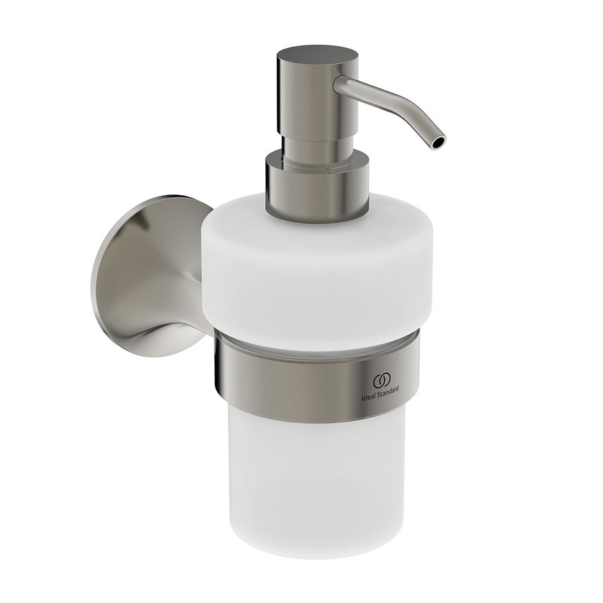 Immagine di Ideal Standard LA DOLCE VITA dispenser per sapone, installazione a parete, in vetro opaco, con supporto metallico, finitura silver storm T5510GN