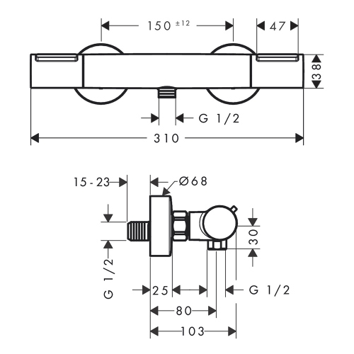 Immagine di Hansgrohe ECOSTAT ELEMENT miscelatore termostatico per doccia, esterno a parete, con pulsante Ecostop+ e controllo della temperatura, finitura cromo 13346000