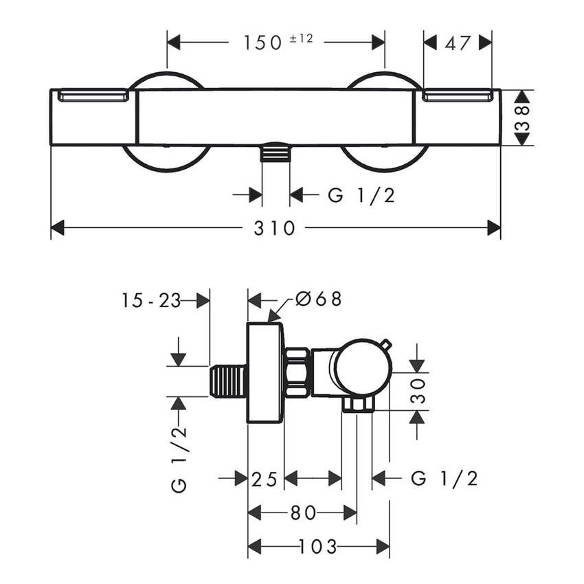 Immagine di Hansgrohe ECOSTAT ELEMENT miscelatore termostatico per doccia, esterno a parete, con pulsante Ecostop+ e controllo della temperatura, finitura cromo 13346000