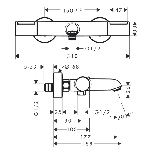 Immagine di Hansgrohe ECOSTAT ELEMENT miscelatore termostatico per vasca, con controllo della temperatura e valvola antiriflusso, finitura cromo 13347000