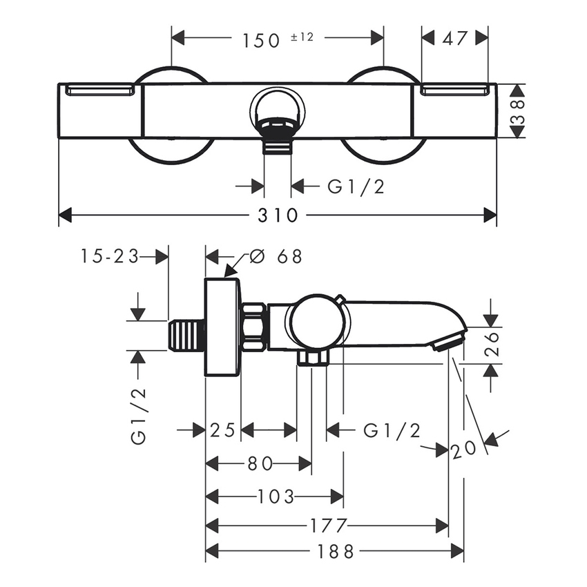 Immagine di Hansgrohe ECOSTAT ELEMENT miscelatore termostatico per vasca, con controllo della temperatura e valvola antiriflusso, finitura cromo 13347000