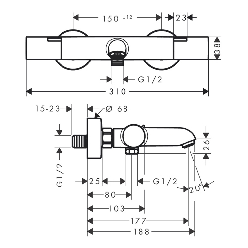 Immagine di Hansgrohe ECOSTAT FINE miscelatore termostatico per vasca, con controllo della temperatura e valvola antiriflusso, finitura cromo 13325000