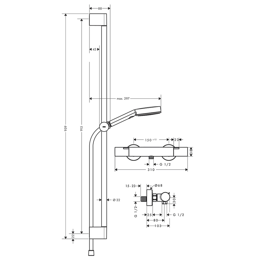 Immagine di Hansgrohe PULSIFY SELECT S colonna doccia con rubinetto Ecostat Fine, con doccetta, asta doccia H.96 cm, cursore e flessibile doccia, finitura cromo 24261000