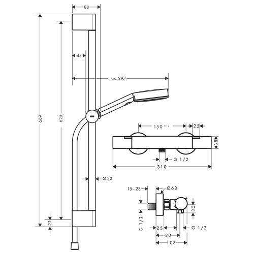 Immagine di Hansgrohe PULSIFY SELECT S colonna doccia con rubinetto Ecostat Fine, con doccetta, asta doccia H.67 cm, cursore e flessibile doccia, finitura cromo 24262000