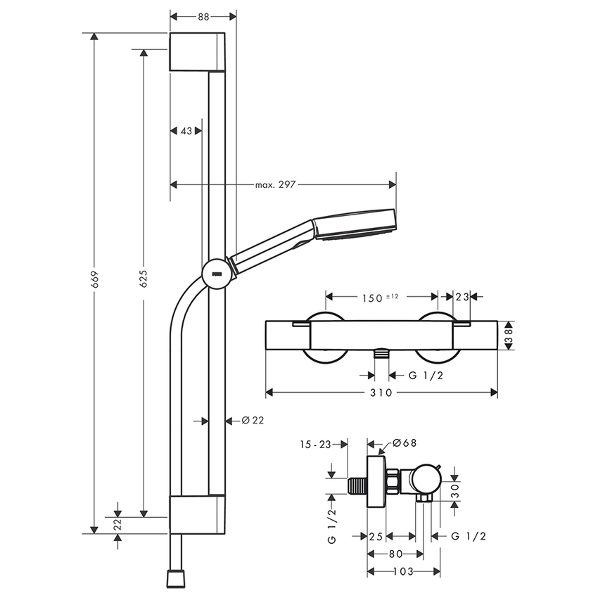 Immagine di Hansgrohe PULSIFY SELECT S colonna doccia con rubinetto Ecostat Fine, con doccetta, asta doccia H.67 cm, cursore e flessibile doccia, finitura cromo 24262000