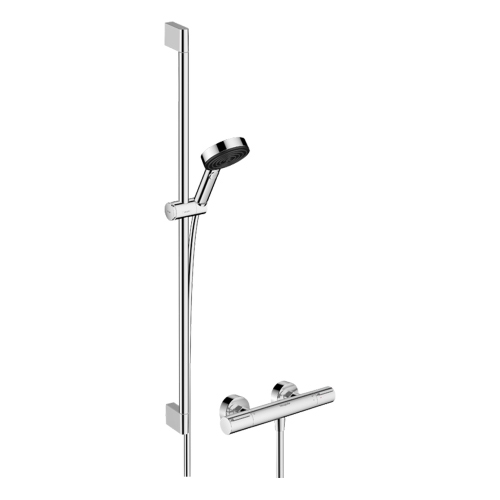 Immagine di Hansgrohe PULSIFY SELECT S colonna doccia con rubinetto Ecostat Element, con doccetta, asta doccia H.96 cm, cursore e flessibile doccia, finitura cromo 24271000