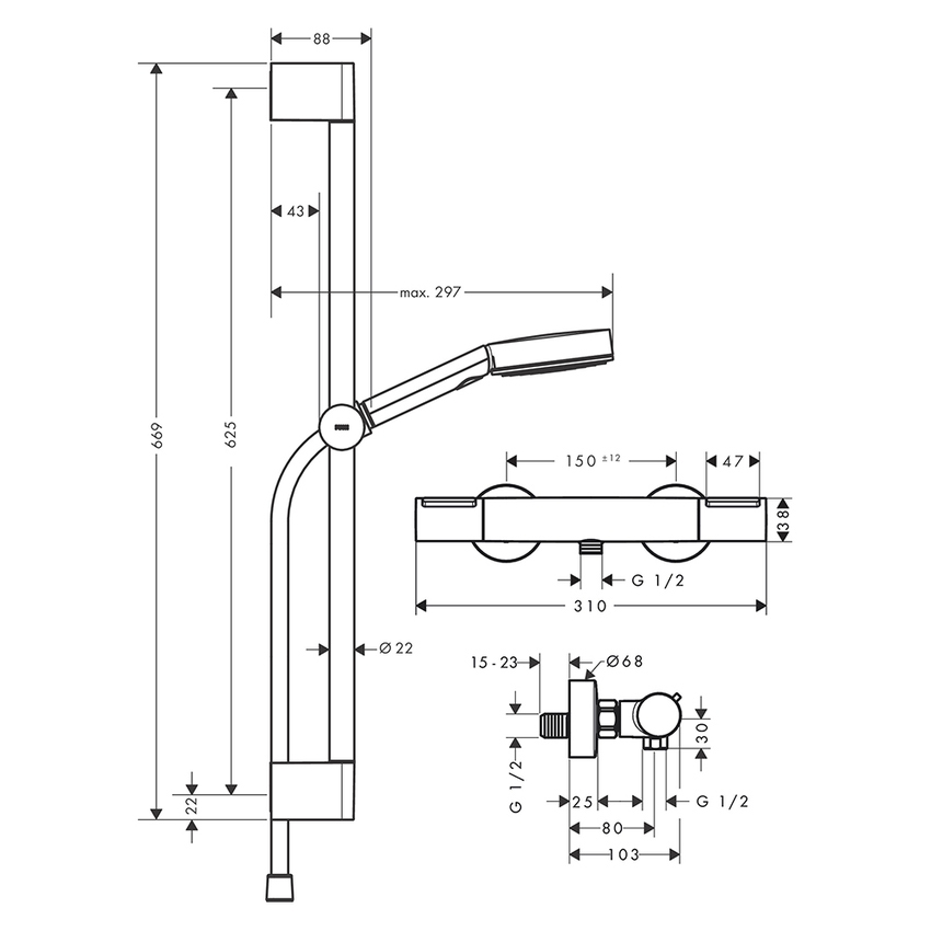 Immagine di Hansgrohe PULSIFY SELECT S colonna doccia con rubinetto Ecostat Element, con doccetta, asta doccia H.67 cm, cursore e flessibile doccia, finitura cromo 24272000