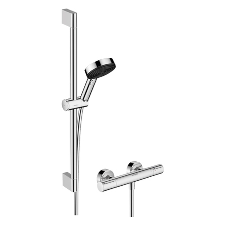 Immagine di Hansgrohe PULSIFY SELECT S colonna doccia con rubinetto Ecostat Element, con doccetta, asta doccia H.67 cm, cursore e flessibile doccia, finitura cromo 24272000