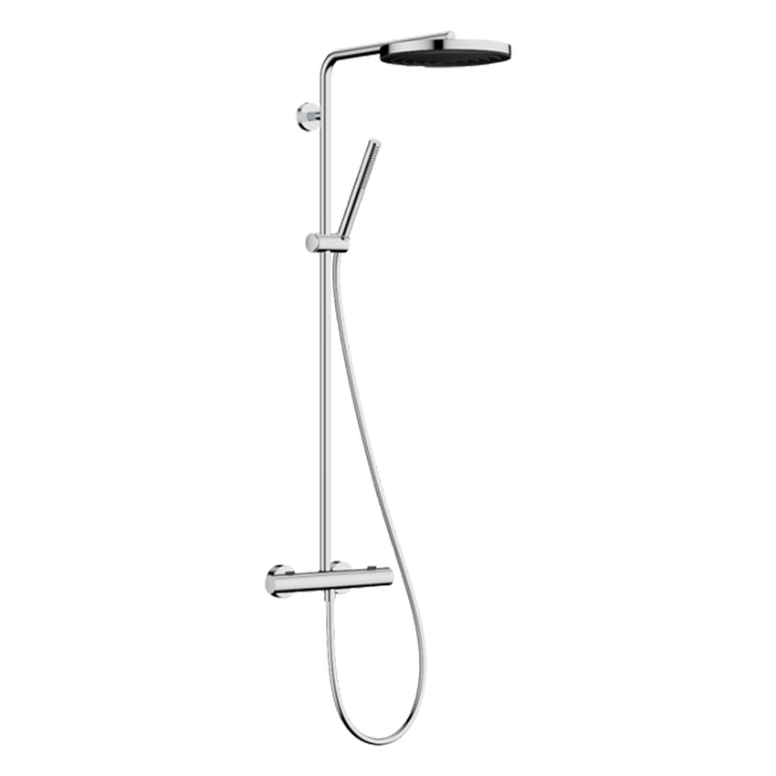 Immagine di Hansgrohe PULSIFY S PURO sistema doccia con soffione doccia rotondo, doccetta, termostatico Ecostat Fine, asta doccia, cursore e flessibile, finitura cromo 24223000