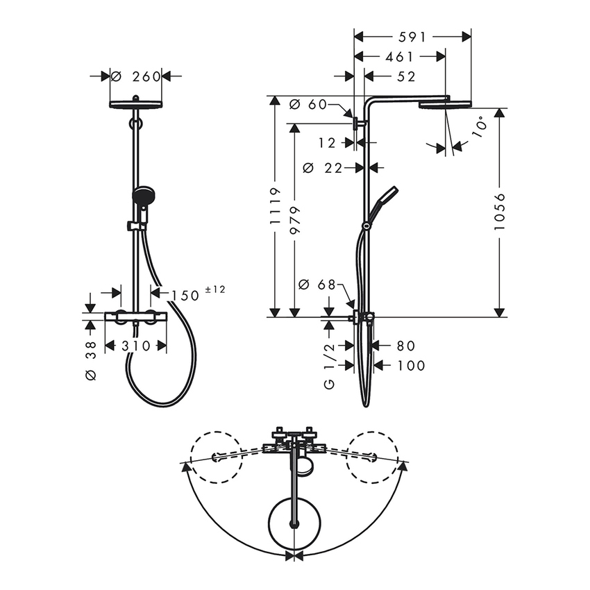 Immagine di Hansgrohe PULSIFY S PURO sistema doccia con soffione doccia rotondo, doccetta, termostatico Ecostat Fine, asta doccia, cursore e flessibile, finitura cromo 24237000