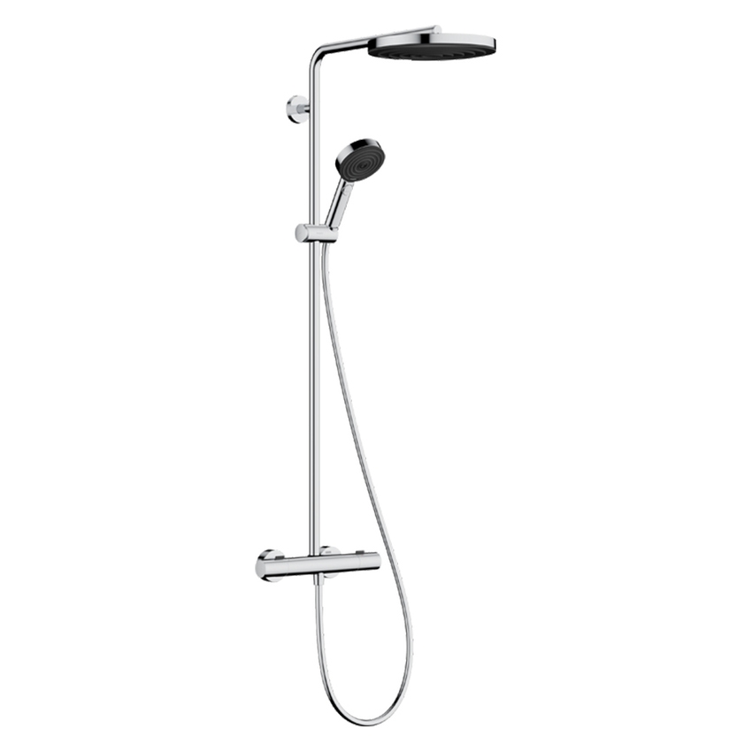 Immagine di Hansgrohe PULSIFY S PURO sistema doccia con soffione doccia rotondo, doccetta, termostatico Ecostat Fine, asta doccia, cursore e flessibile, finitura cromo 24237000