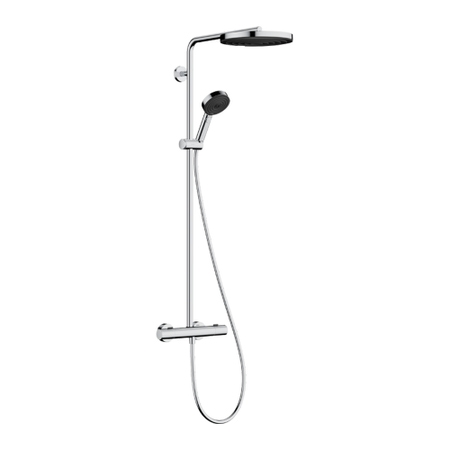Immagine di Hansgrohe PULSIFY S PURO sistema doccia con soffione doccia rotondo, doccetta, termostatico Ecostat Fine, asta doccia, cursore e flessibile, finitura cromo 24236000