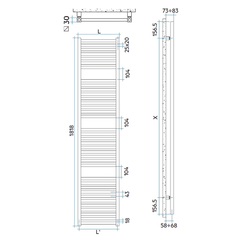 Immagine di Irsap QUADRE' scaldasalviette, 36 tubi, 3 intervalli, H.181,8 L.53 P.4,2 cm, colore bianco standard finitura lucido Cod.01 QSE053B01IR01NNN01