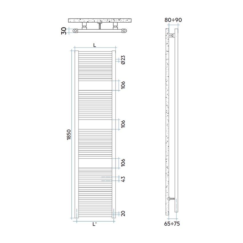 Immagine di Irsap GEO scaldasalviette 37 tubi 3 intervalli, H.185 L.50 P.3 cm, colore bianco standard finitura lucido Cod.01 ECE050B01IR01NNN01