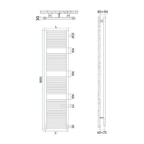 Immagine di Irsap GEO scaldasalviette, 37 tubi, 3 intervalli, H.185 L.45 P.3 cm, colore bianco standard finitura lucido Cod.01 ECE045B01IR01NNN01