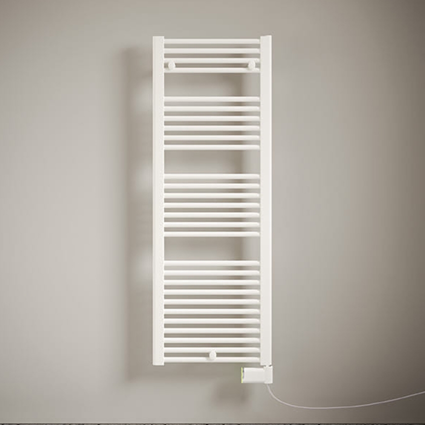 Immagine di Irsap ARES ELETTRICO scaldasalviette, 15 tubi, 2 intervalli, H.81,8 L.58 P.3 cm, con interruttore ON/OFF, colore bianco standard finitura lucido Cod.01 EIS058I01IR01NNN03