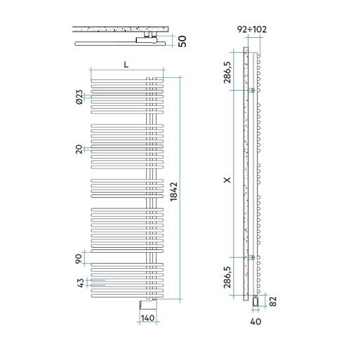 Immagine di Irsap FUNKY_S ELETTRICO scaldasalviette con collettore lato destro, 36 tubi, 4 intervalli, H.184,2 L.60 P.6,2 cm, controllo elettronico Wi-Fi, colore bianco standard finitura lucido Cod.01 YRG060E01IR01NNN