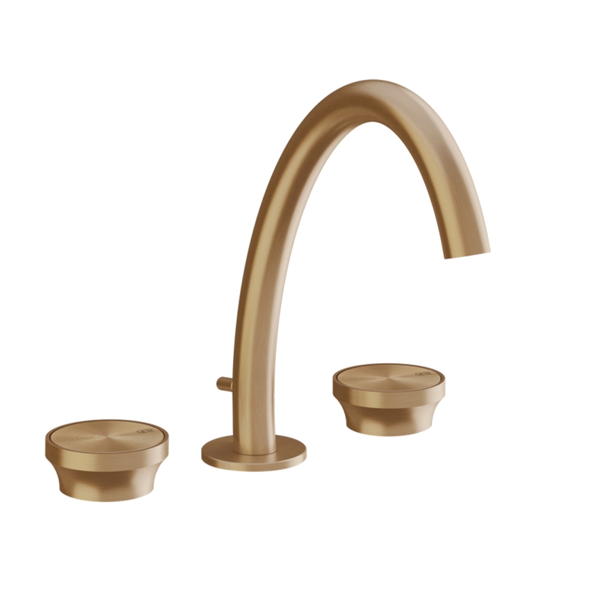 Immagine di Gessi ORIGINI gruppo lavabo 3 fori, bocca H.24 cm, con scarico, finitura warm bronze brushed PVD 66013#726