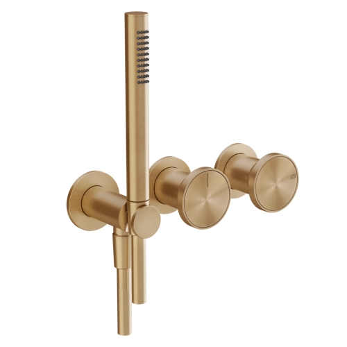 Immagine di Gessi ORIGINI miscelatore doccia a parete, a due vie, con doccetta, senza corpo incasso, finitura warm bronze brushed PVD 66036#726